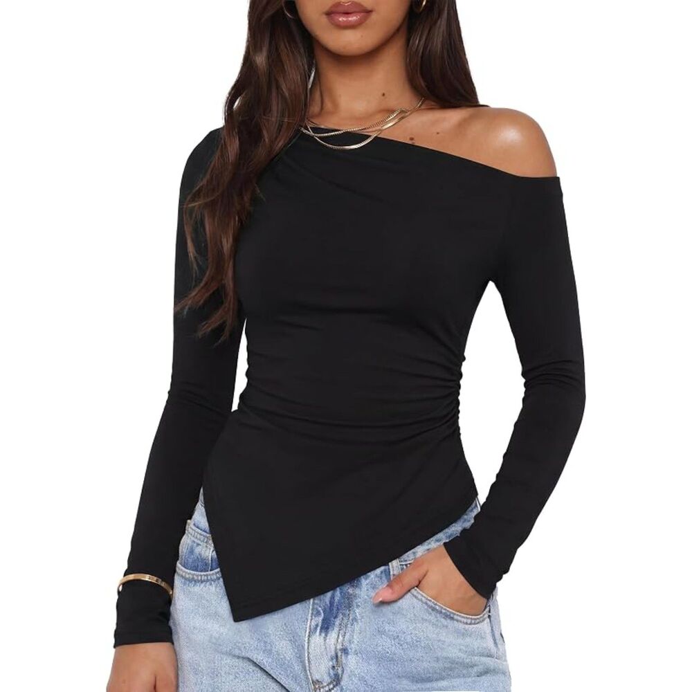 Y2K Black Off Shoulder Asymmetrical Ruched Long Sleeve Top Going Out